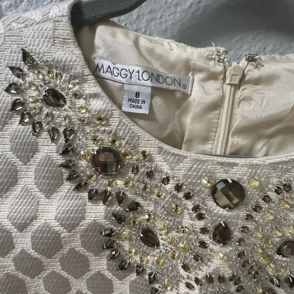 Maggy London Cream Mini Dress with Embellished Neckline - Picture 3 of 5